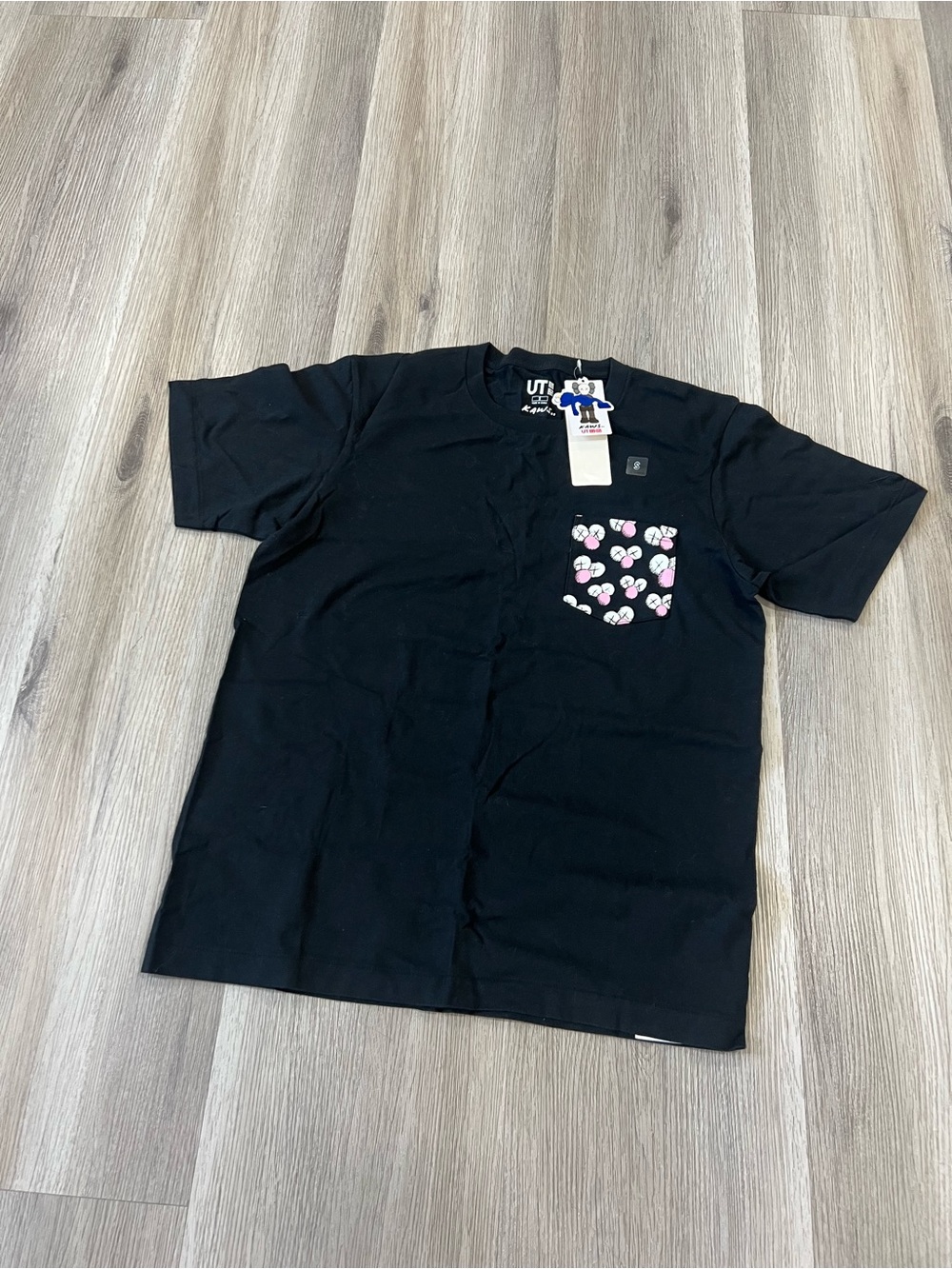 Uniqlo Black Tee with Pink and White Pocket Hearts